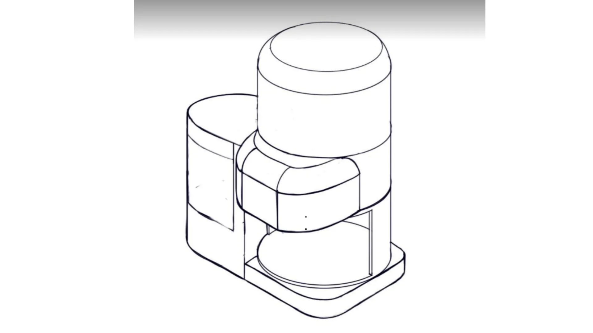 Line-art sketch of a countertop coffee maker with an upright cylinder, side reservoir and open cup bay