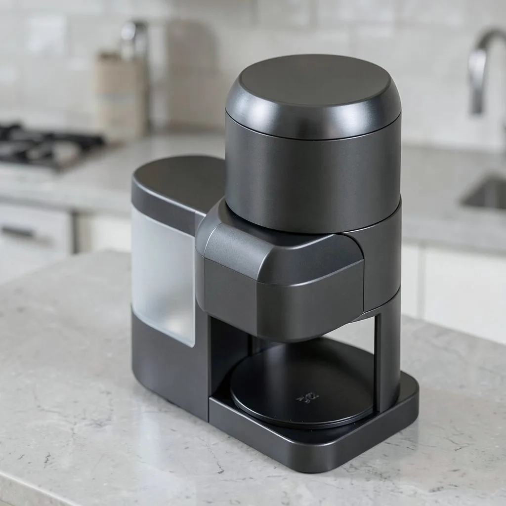 Krea render: matte dark coffee maker on a stone countertop with a frosted side reservoir