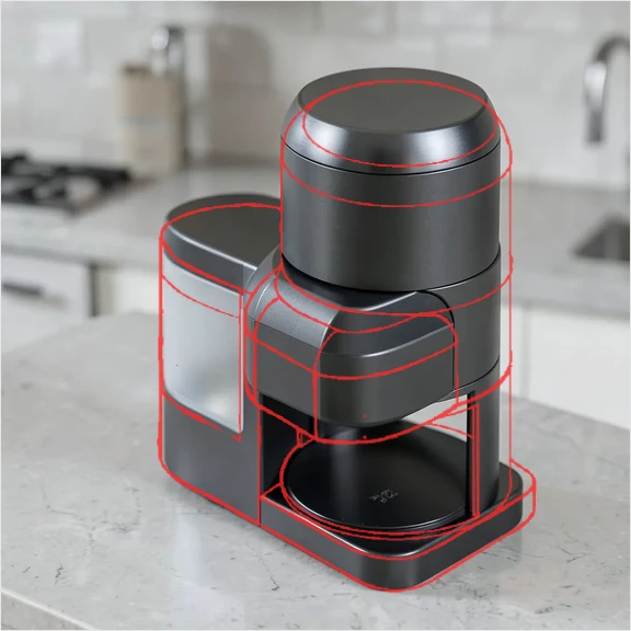 Krea render with the input sketch's lines overlaid in red after manual alignment; reservoir matches, the base and the cylinder are narrower and taller