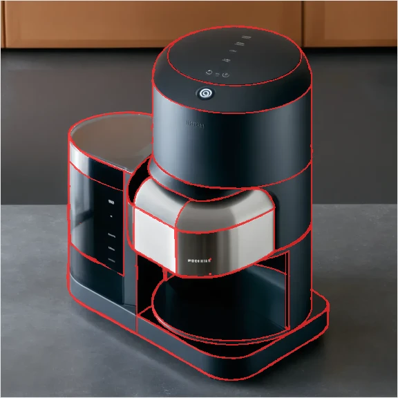 Vizcom render with the input sketch's lines overlaid in red; the lines match the render closely