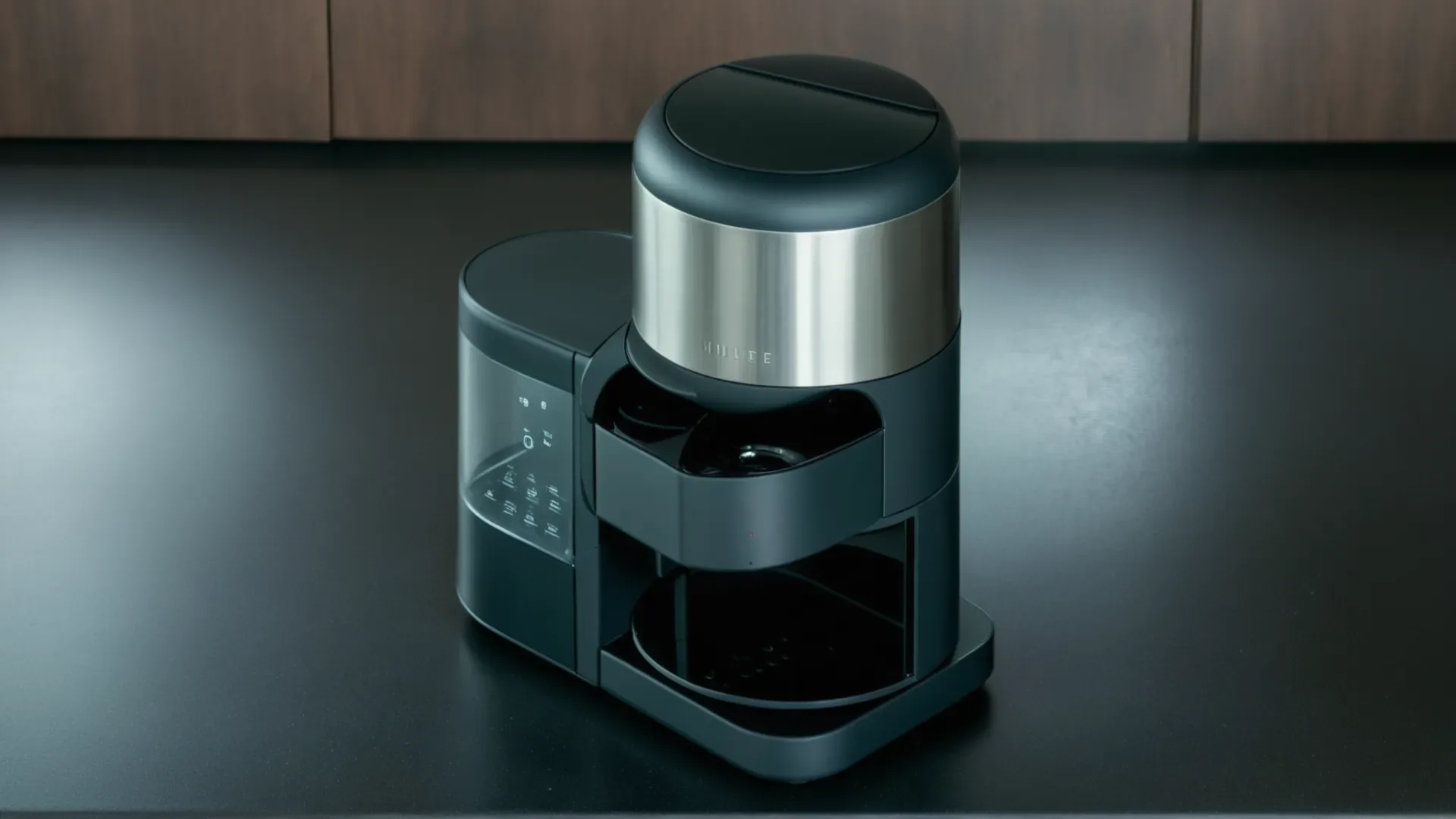 Vizcom render, round 1: dark body with brushed-metal band on the cylinder