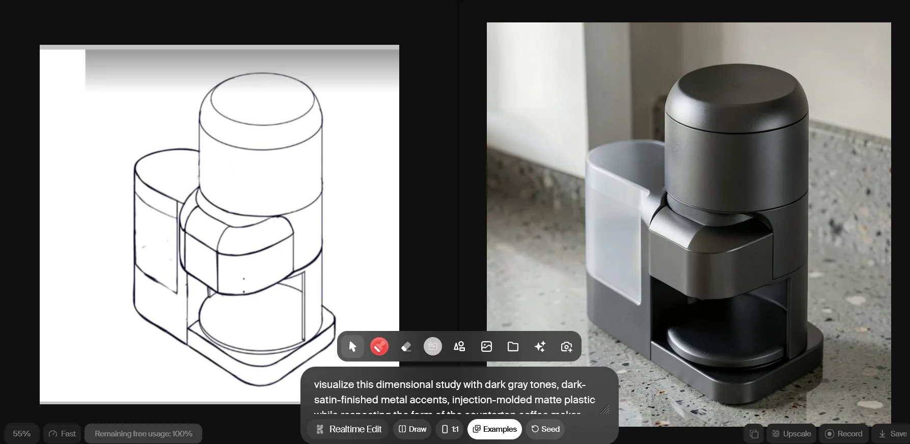 Krea Realtime split view with the sketch on the left and the live render on the right