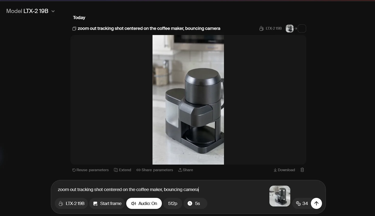 Krea Video app with LTX-2 19B, 512p and 5-second settings and the generated portrait clip
