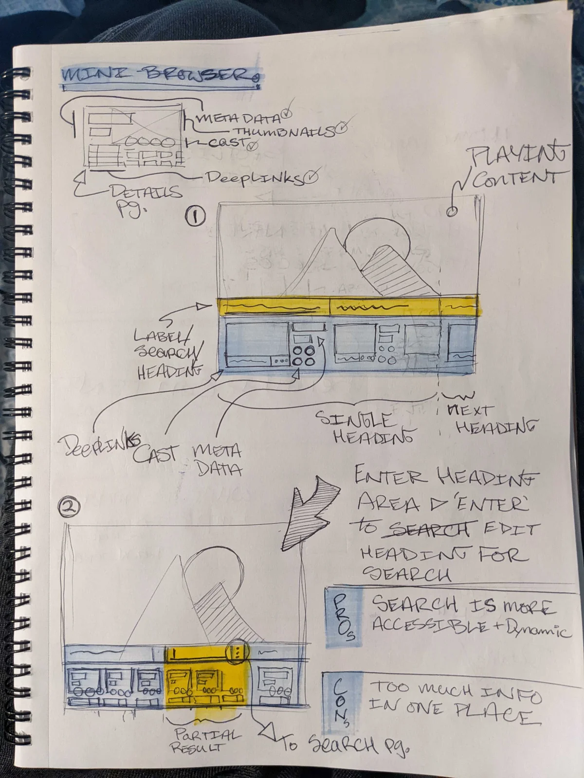Sketchbook: Early IA notes: Exploring bottom menu interactions that allow the user to browse and search while content continues to play.